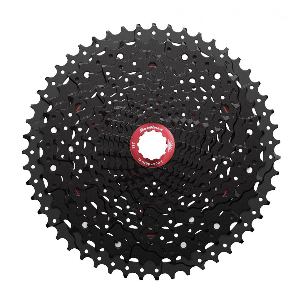A black SunRace MX8 11-speed cassette (11-50T) with a red center labeled Lock, viewed from above.